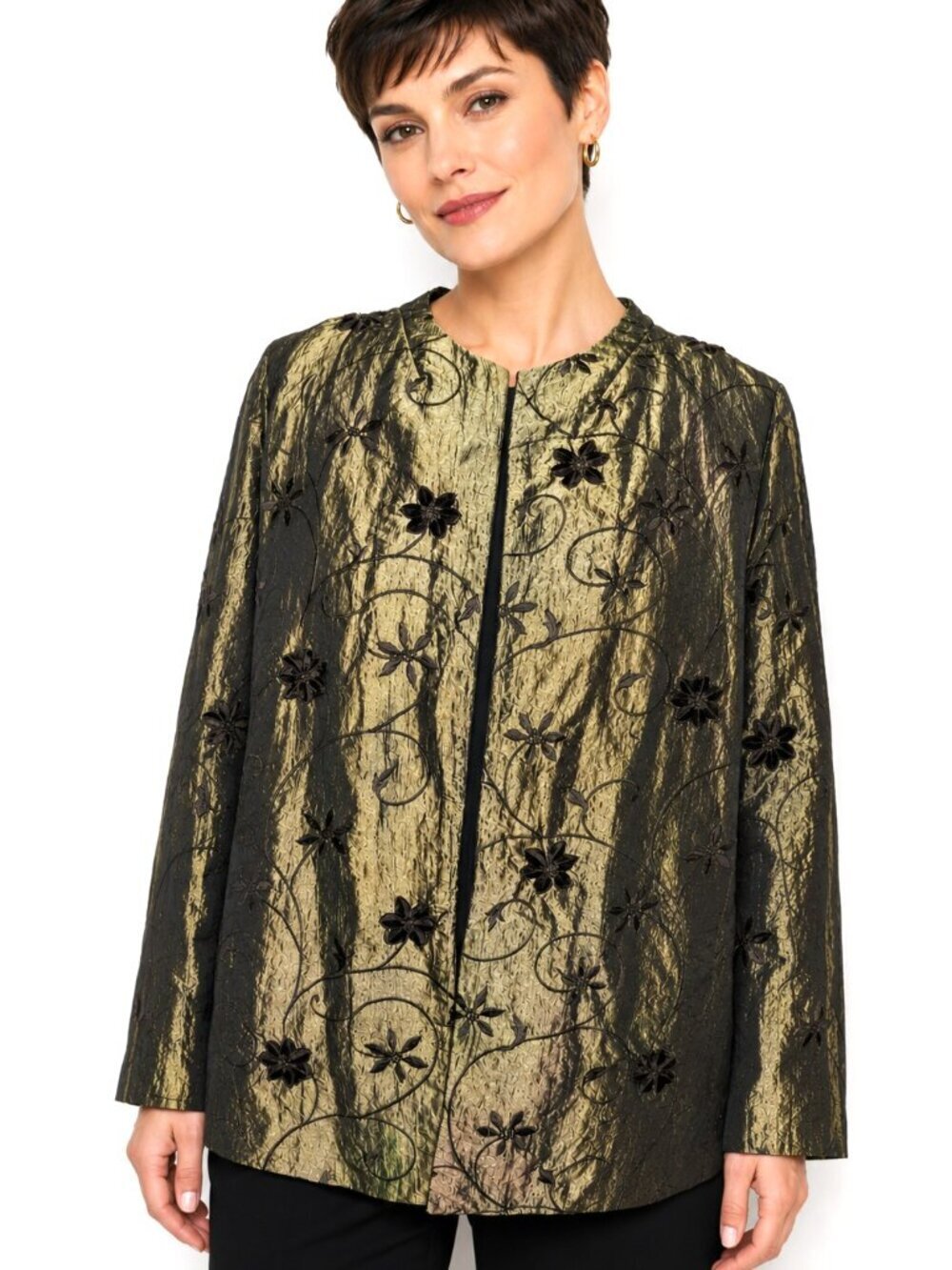 Avenue Olive Green Textured Embroidered Jacket
